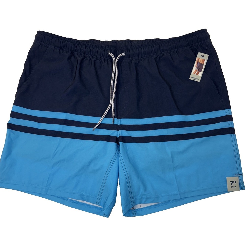 NWT‎ George Swim Trunks Men 2XL Blue Striped 7" Inseam Compression Liner UPF 50+